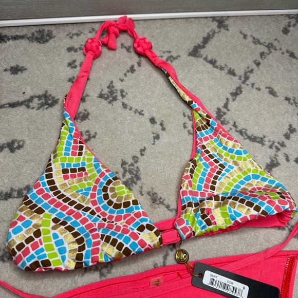 NEW VITAMIN A Coral Pink Beachy Boho Geometric Triangle Cheeky Bikini Set - Picture 4 of 10